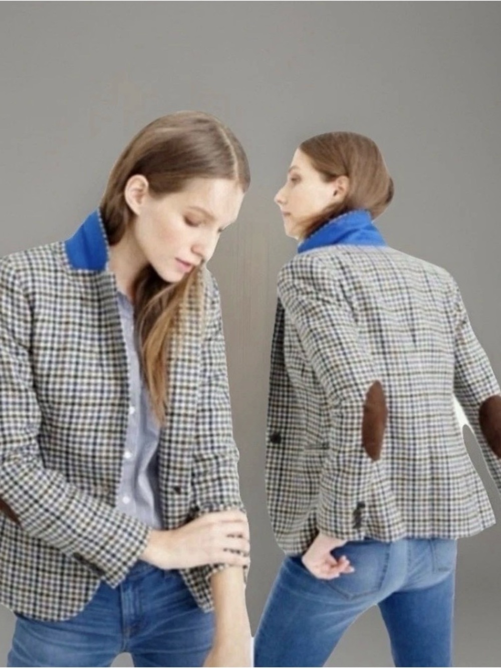 J. Crew women’s wool houndstooth Blazer Blue Collar and Brown Elbow Patches 00